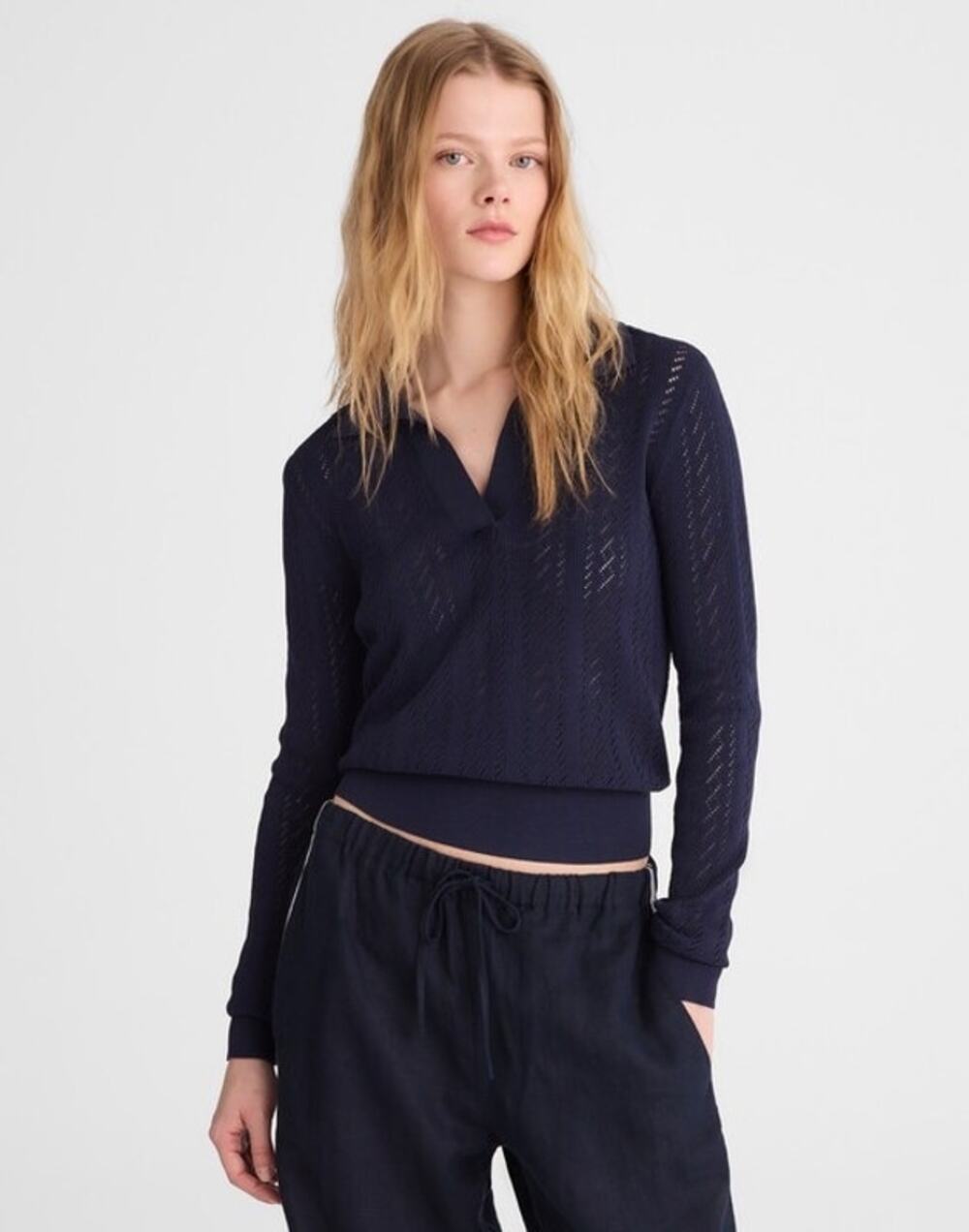 Madewell Navy Pointelle-Stitch Polo Sweater